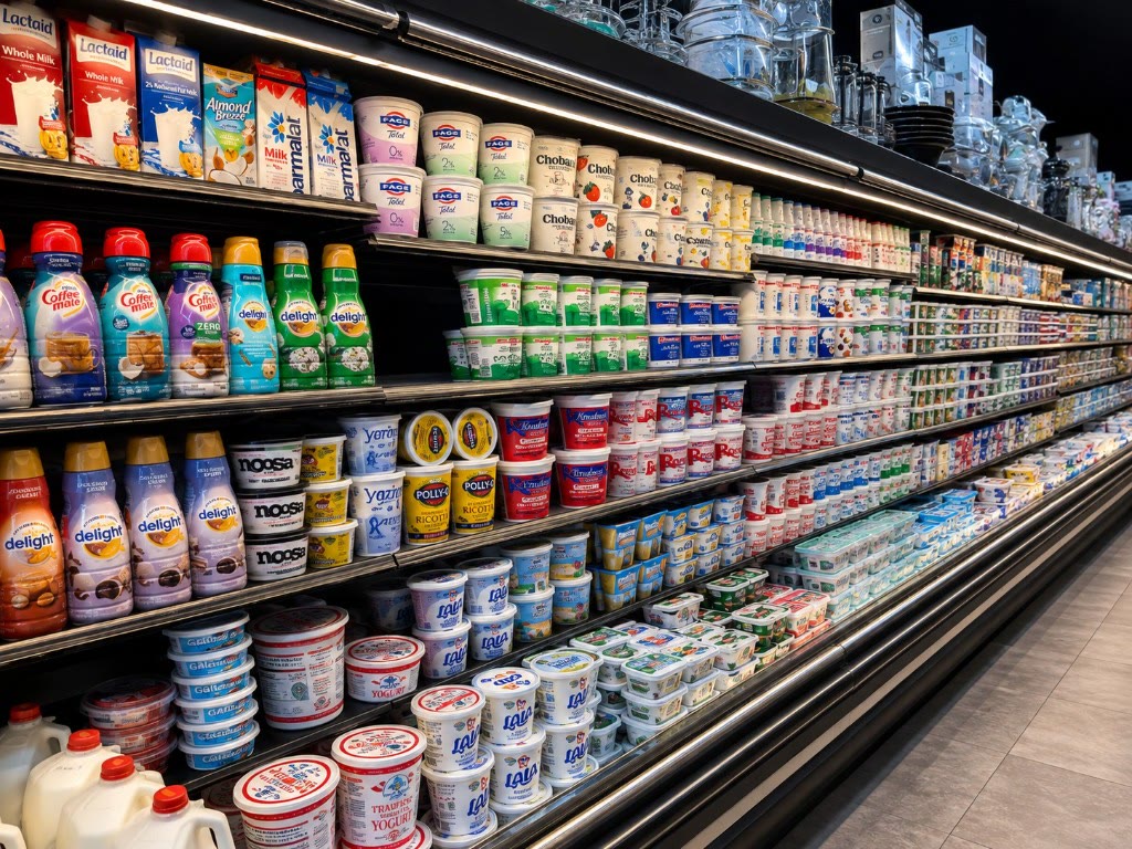 Refrigerated dairy and grocery selection at Shilleh