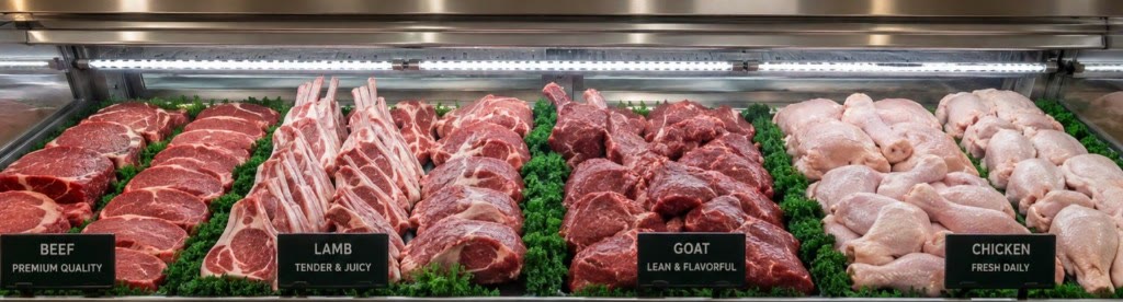 Fresh halal beef, lamb, goat, and chicken at the Shilleh butcher counter